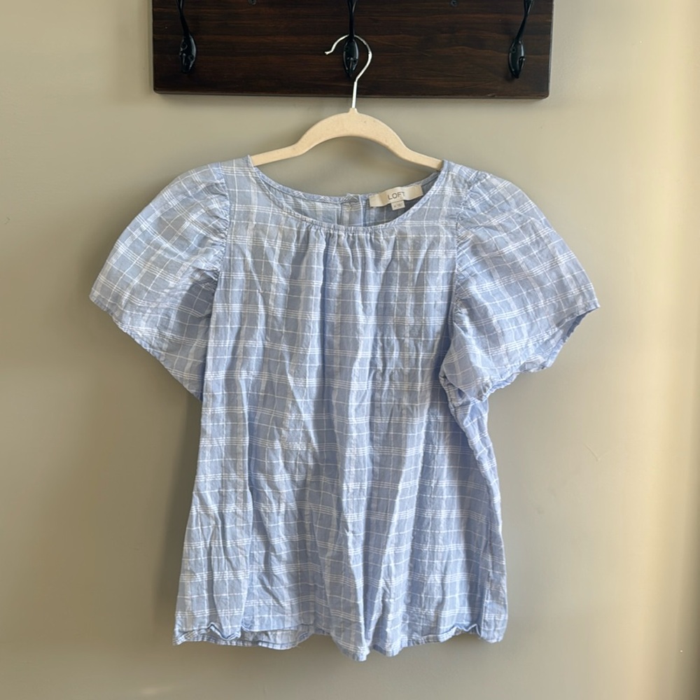 Ann Taylor Loft Blue and White Button Back Blouse, Medium, 100% Cotton